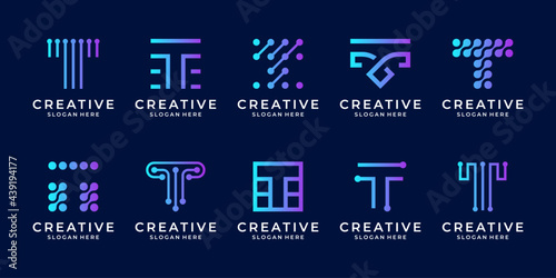 Set of letter T digital logo design. Abstract symbol logo for business technology.