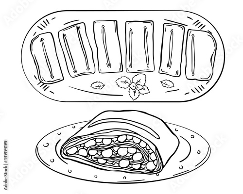 Black outline set slice and whole Viennese cherry strudel on plates.