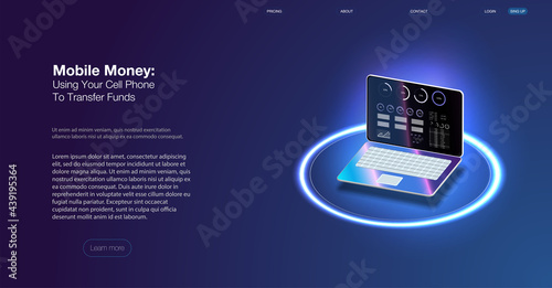 Online banking app landing page. Smart wallet concept with credit, debit card payment application. Gadget of the future, smartphone tech payment. Flat Isometric vector illustration. E-payment screen