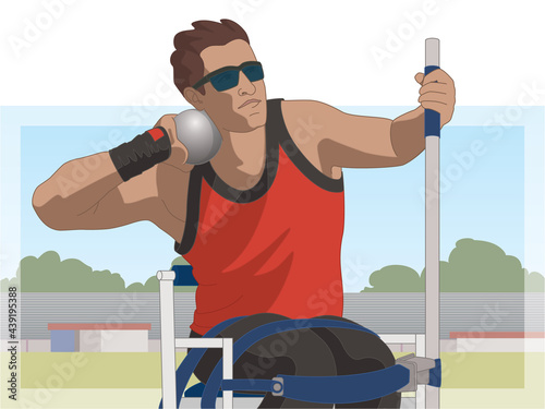 para sports paralympic shot put visual impaired male athlete, track and field, with stadium in background