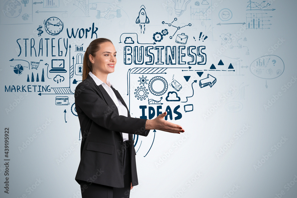 Businesswoman in suit with hand to shake, business strategy sketch on blue wall Businesswoman in suit with hand to shake, business strategy sketch on blue wall