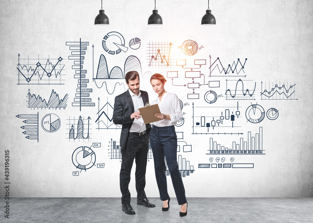 Office people with clipboard standing on background of graph sketch Office people with clipboard standing on background of graph sketch