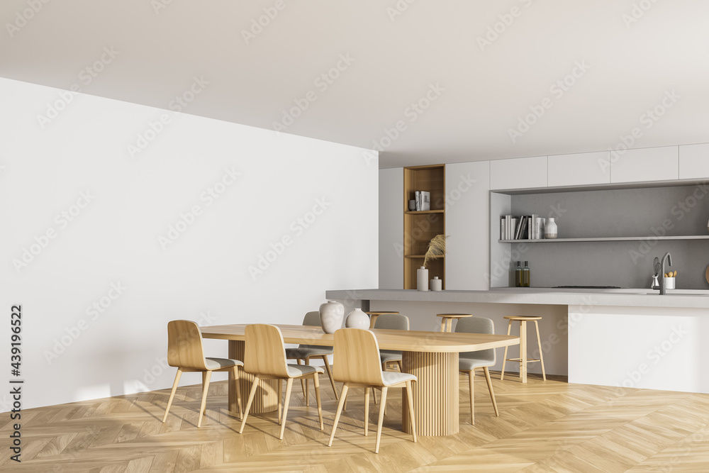Fototapeta premium White kitchen interior with table and six chairs, mockup