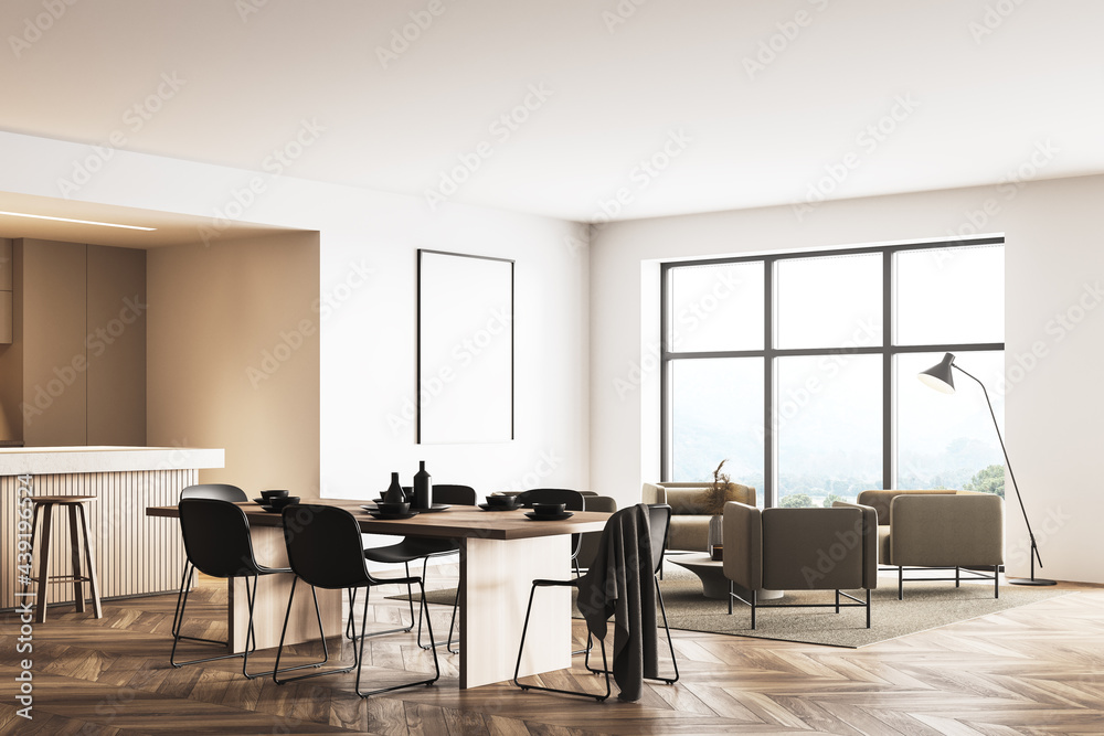 Fototapeta premium Beige and wooden kitchen corner: table, bar, cabinets and window