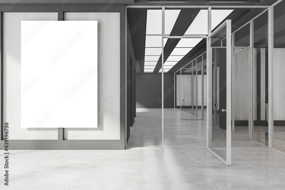 Light grey office hall interior with mockup poster before entrance Light grey office hall interior with mockup poster before entrance