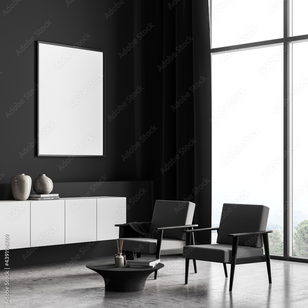 Stylish scandinavian composition of modern living room interior with two design armchair, white mock up framed poster, wooden stool, concrete floor. Panoramic window. No people. Stylish scandinavian composition of modern living room interior with two design armchair, white mock up framed poster, wooden stool, concrete floor. Panoramic window. No people.