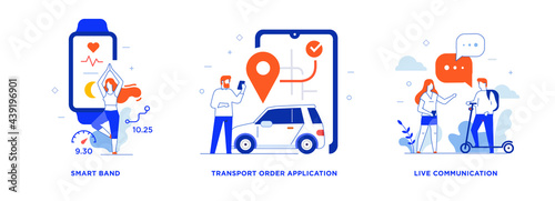 People use smartphones, leisure tourism, sport, fitness, social networks set of icons, illustration. Smartphones tablets user interface social media.Flat illustration Icons infographics. Landing page