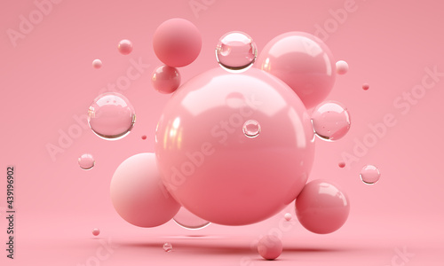 Fototapeta Naklejka Na Ścianę i Meble -  3D Illustration. Shiny balls with different size on pink color background. Abstract background concept.