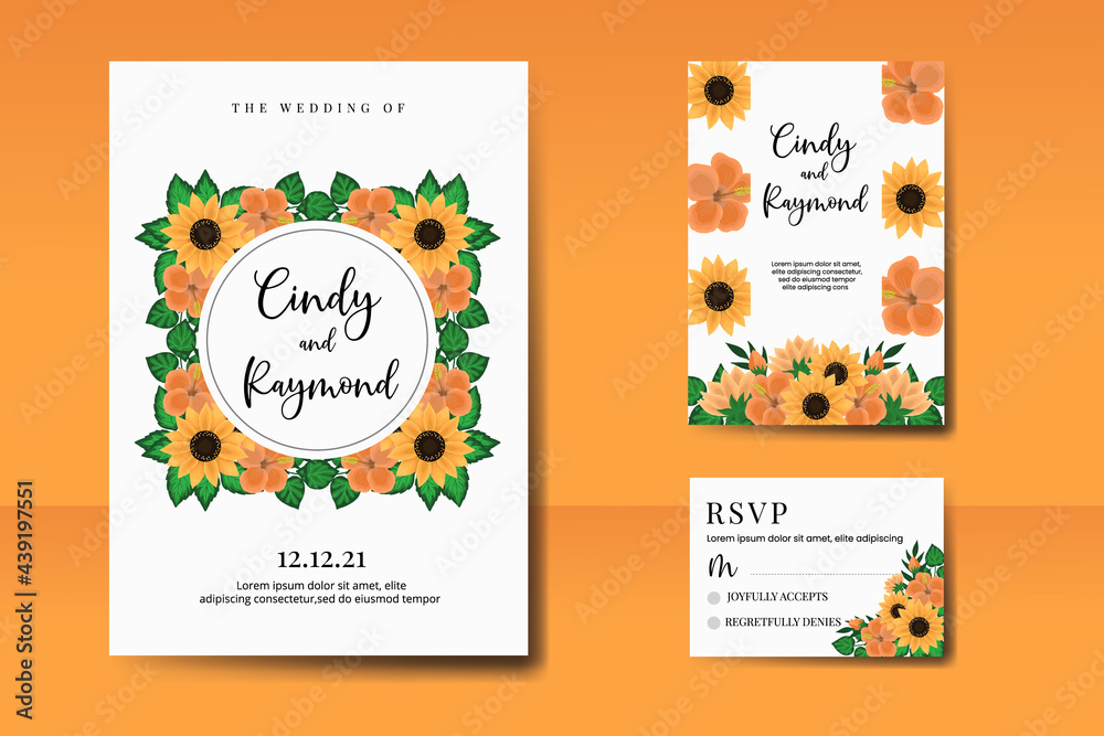 Wedding invitation frame set, floral watercolor Digital hand drawn Sunflower design Invitation Card Template