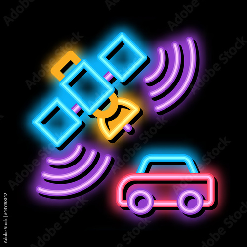 satellite connection with car neon light sign vector. Glowing bright icon satellite connection with car sign. transparent symbol illustration