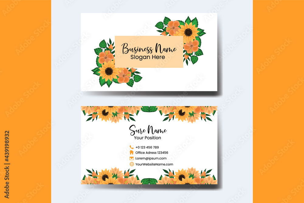 Business Card Template Sunflower .Double-sided Blue Colors. Flat Design Vector Illustration. Stationery Design