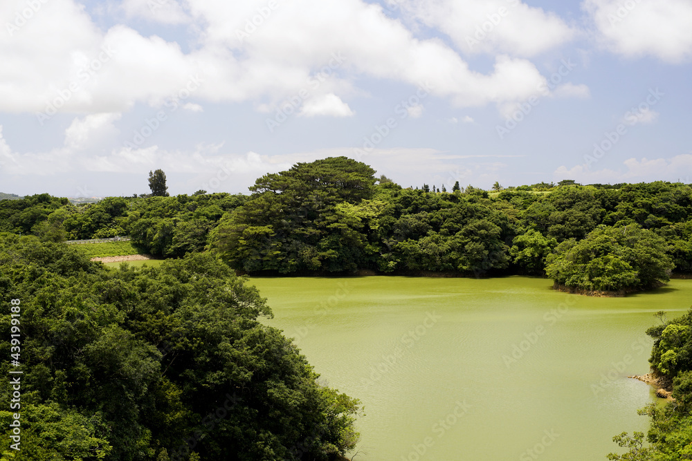 Okinawa,Japan - May 24, 2021: Ishigaki dam lake in Ishigaki island, Okinawa, Japan
