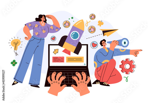 Business people man woman characters development and start new project. Future strategy perspective concept. Vector flat graphic design illustration