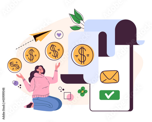 Payment notification receipt financial transaction mobile bank finance balance. Web intenet online paper bill concept. Vector flat graphic design illustration