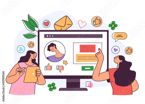 People man woman characters connecting multiple people via social networks platforms and explore people social media profile. Online web internet communication concept. Vector flat graphic design illu