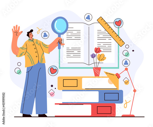 Man character read open book and searching information. User manual concept. Vector flat graphic design illustration