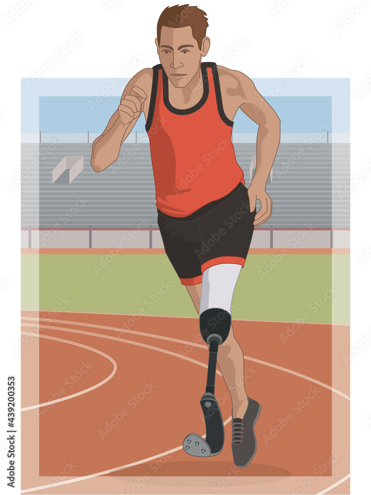 Obraz premium para sports paralympic track running, physical disabled male athlete on prosthetic leg, track and field, with track and stadium in background