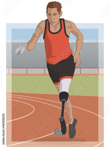 para sports paralympic track running, physical disabled male athlete on prosthetic leg, track and field, with track and stadium in background