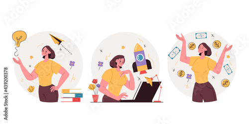 Business woman character creating and development new business project and get money. Fresh business idea development steps and stages. Vector flat graphic design illustration