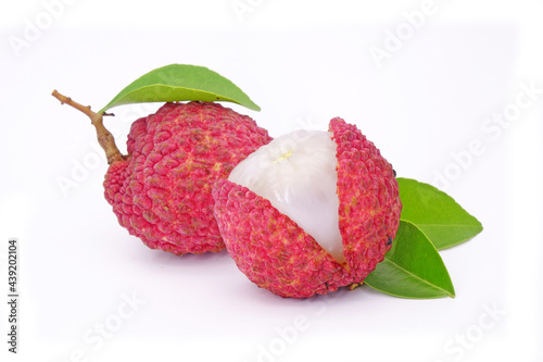Lychee with green leaves isolated on white background. Premium quality Lychee from Thailand