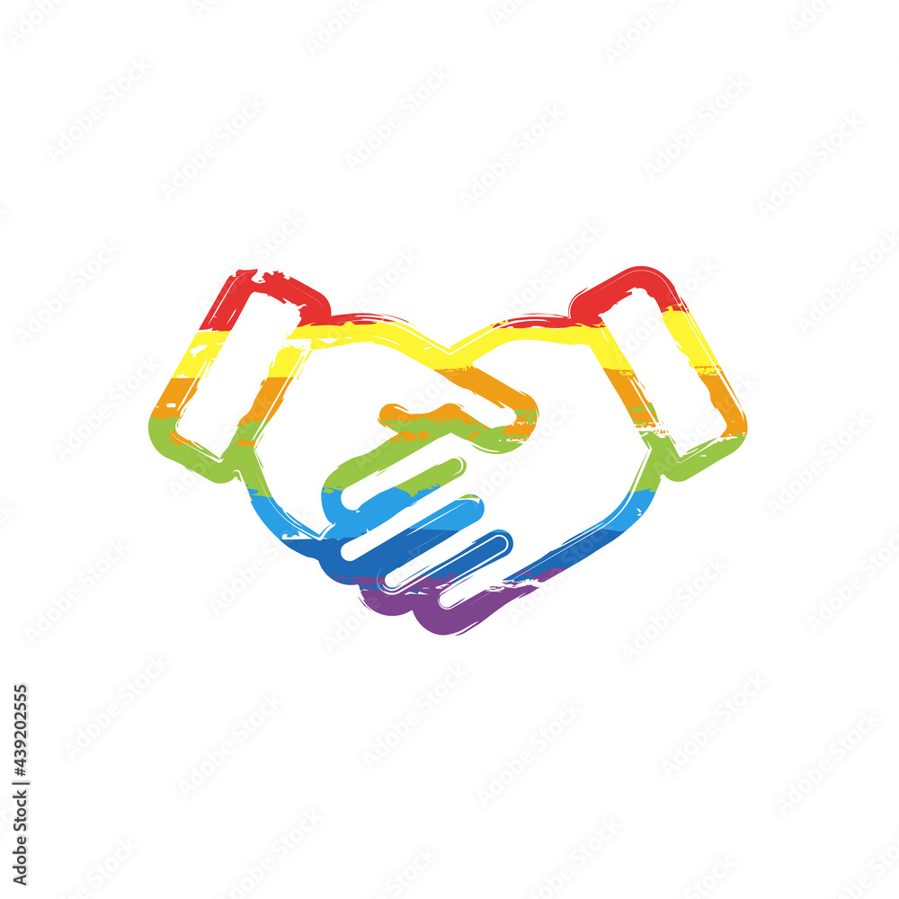 Partnership, teamwork, simple business logo. Drawing sign with LGBT style, seven colors of rainbow (red, orange, yellow, green, blue, indigo, violet