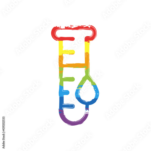 Test tube with blood, medical logo, simple icon. Drawing sign with LGBT style, seven colors of rainbow (red, orange, yellow, green, blue, indigo, violet