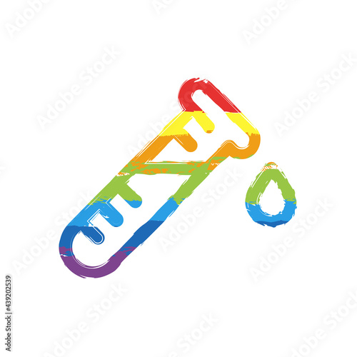 Test tube with blood, medical logo, simple icon. Drawing sign with LGBT style, seven colors of rainbow (red, orange, yellow, green, blue, indigo, violet