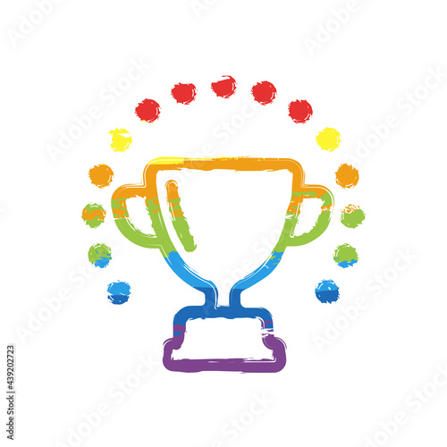 Trophy cup of winner, champion prize. Drawing sign with LGBT style, seven colors of rainbow (red, orange, yellow, green, blue, indigo, violet