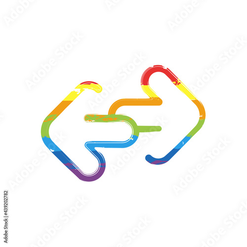 Arrow, direction or pointer, simple icon. Drawing sign with LGBT style, seven colors of rainbow (red, orange, yellow, green, blue, indigo, violet