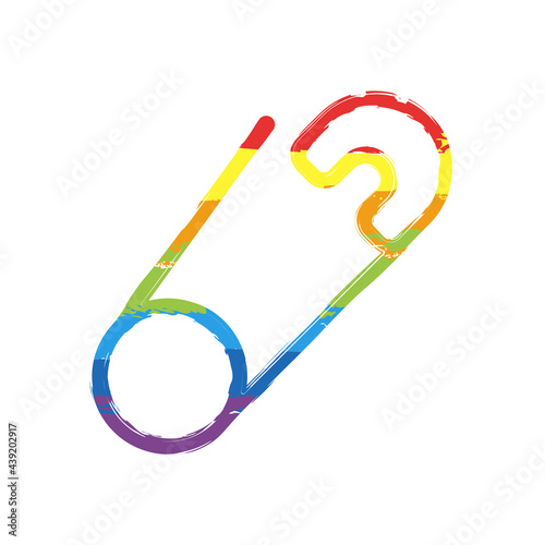 Safety pin for clothes or diapers, simple icon. Drawing sign with LGBT style, seven colors of rainbow (red, orange, yellow, green, blue, indigo, violet