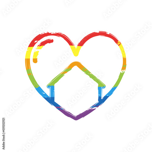 House with heart, stay home, happy family, simple icon. Drawing sign with LGBT style, seven colors of rainbow (red, orange, yellow, green, blue, indigo, violet