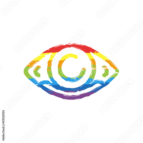 Sore eyes, painful redness, tears from pain, medicine icon. Drawing sign with LGBT style, seven colors of rainbow (red, orange, yellow, green, blue, indigo, violet