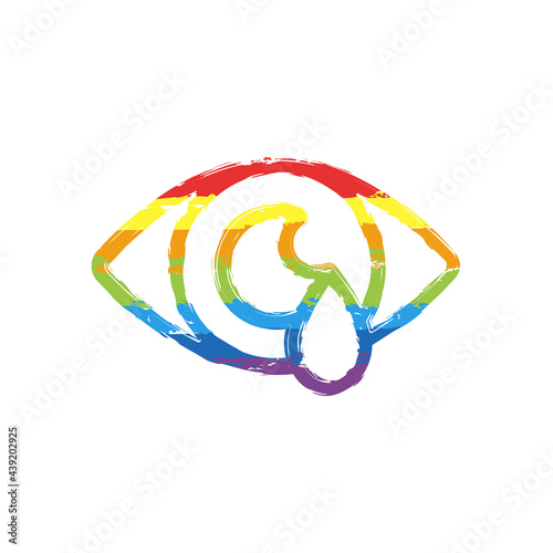 Sore eyes, painful redness, tears from pain, medicine icon. Drawing sign with LGBT style, seven colors of rainbow (red, orange, yellow, green, blue, indigo, violet