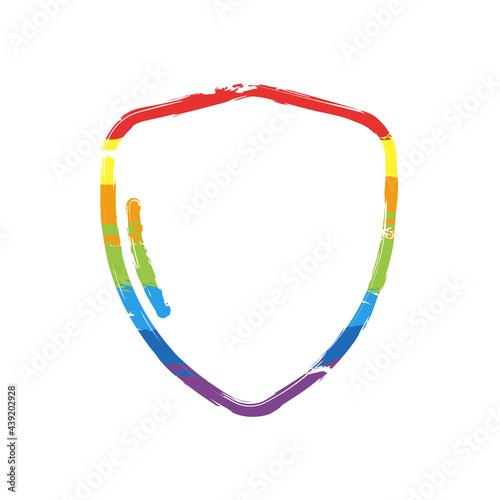 Shield with check mark, logo of protection, simple icon. Drawing sign with LGBT style, seven colors of rainbow (red, orange, yellow, green, blue, indigo, violet