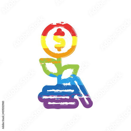 Financial growth, growing money tree, increase income. Drawing sign with LGBT style, seven colors of rainbow (red, orange, yellow, green, blue, indigo, violet