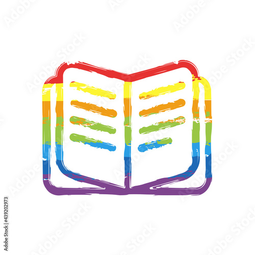 Paper, literature book, published story. Drawing sign with LGBT style, seven colors of rainbow (red, orange, yellow, green, blue, indigo, violet