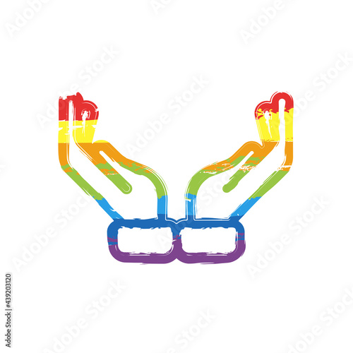 Praying hands, emoji symbol, simple icon. Drawing sign with LGBT style, seven colors of rainbow (red, orange, yellow, green, blue, indigo, violet