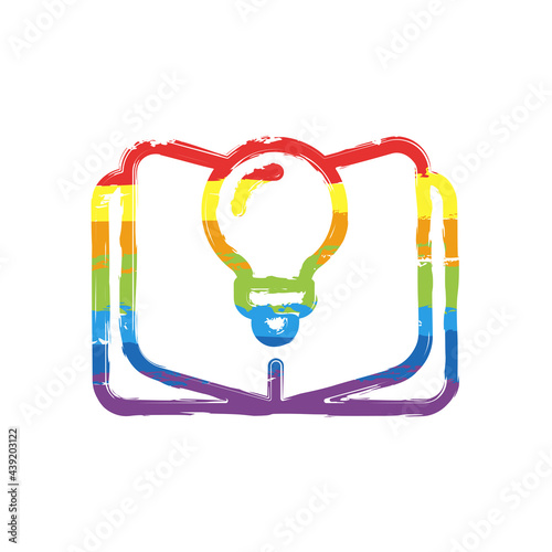 Knowledge icon, book and bulb, innovative idea. Drawing sign with LGBT style, seven colors of rainbow (red, orange, yellow, green, blue, indigo, violet