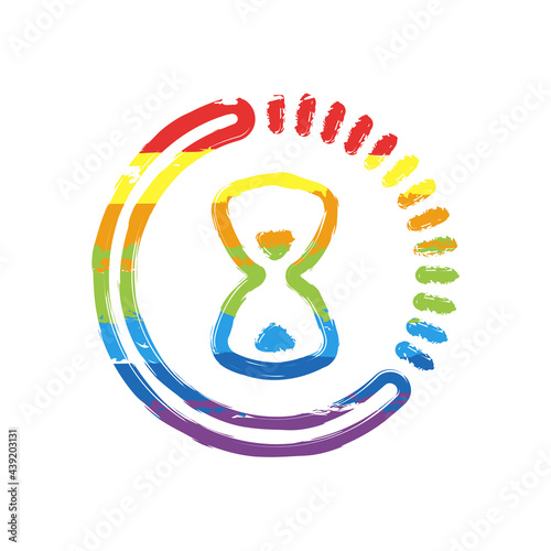 Old hourglass, simple wait icon. Drawing sign with LGBT style, seven colors of rainbow (red, orange, yellow, green, blue, indigo, violet