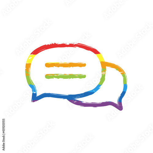 Speech bubbles, chat messages, text clouds, simple icon. Drawing sign with LGBT style, seven colors of rainbow (red, orange, yellow, green, blue, indigo, violet