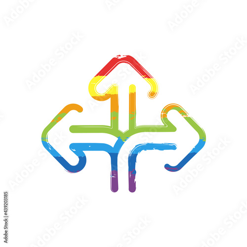 Three-way direction, make a choice, 3 arrows pointing in different directions, simple icon. Drawing sign with LGBT style, seven colors of rainbow (red, orange, yellow, green, blue, indigo, violet