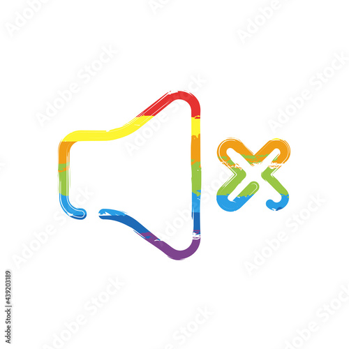 Mute sound, audio off, simple icon. Drawing sign with LGBT style, seven colors of rainbow (red, orange, yellow, green, blue, indigo, violet