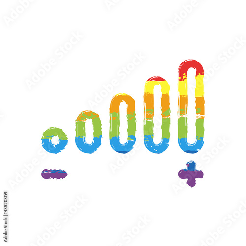 Volume adjustment, sound levels, simple icon. Drawing sign with LGBT style, seven colors of rainbow (red, orange, yellow, green, blue, indigo, violet