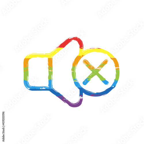 Mute sound, audio off, simple icon. Drawing sign with LGBT style, seven colors of rainbow (red, orange, yellow, green, blue, indigo, violet