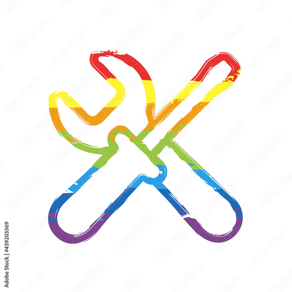 Service tools, wrench and screwdriver, repair instruments, simple icon. Drawing sign with LGBT style, seven colors of rainbow (red, orange, yellow, green, blue, indigo, violet Service tools, wrench and screwdriver, repair instruments, simple icon. Drawing sign with LGBT style, seven colors of rainbow (red, orange, yellow, green, blue, indigo, violet