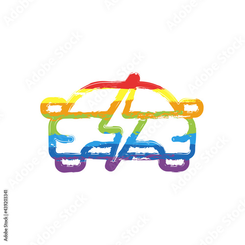 Modern electric car, green energy, simple icon. Drawing sign with LGBT style, seven colors of rainbow (red, orange, yellow, green, blue, indigo, violet