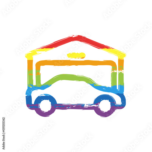 Garage near home for own car, simple icon. Drawing sign with LGBT style, seven colors of rainbow (red, orange, yellow, green, blue, indigo, violet
