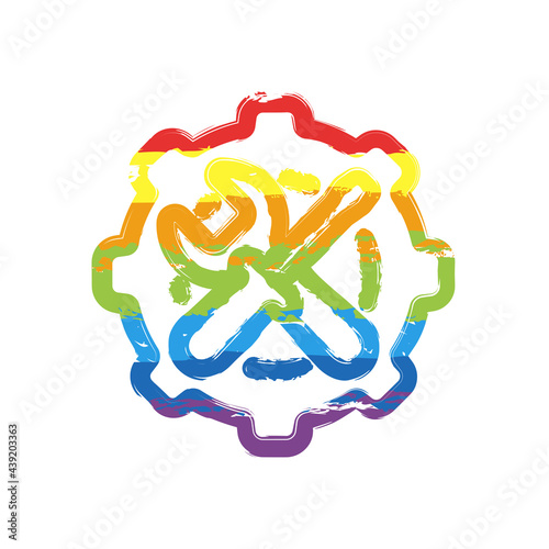 Service tools, wrench and screwdriver, repair instruments, simple icon. Drawing sign with LGBT style, seven colors of rainbow (red, orange, yellow, green, blue, indigo, violet
