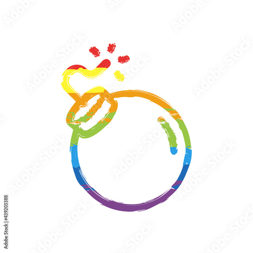 Bomb with fuse, simple icon. Drawing sign with LGBT style, seven colors of rainbow (red, orange, yellow, green, blue, indigo, violet
