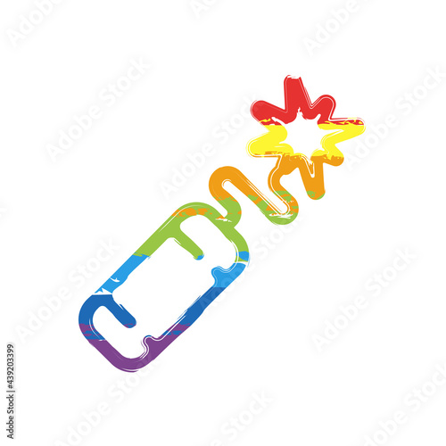Dynamite with fuse, simple icon. Drawing sign with LGBT style, seven colors of rainbow (red, orange, yellow, green, blue, indigo, violet